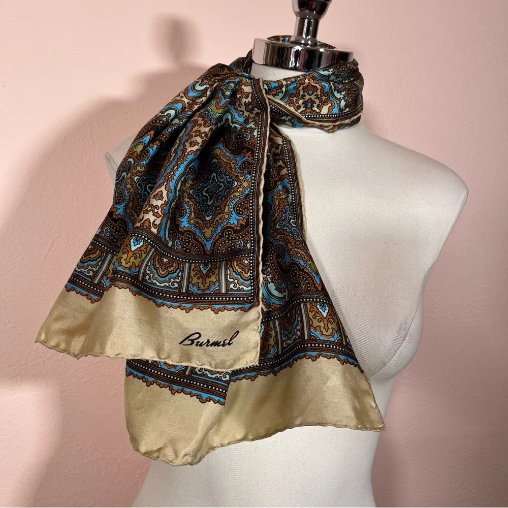 Vintage 1960 70 Burmel Mod Camel Brown blue Silk Made in Italy long Skinny Scarf